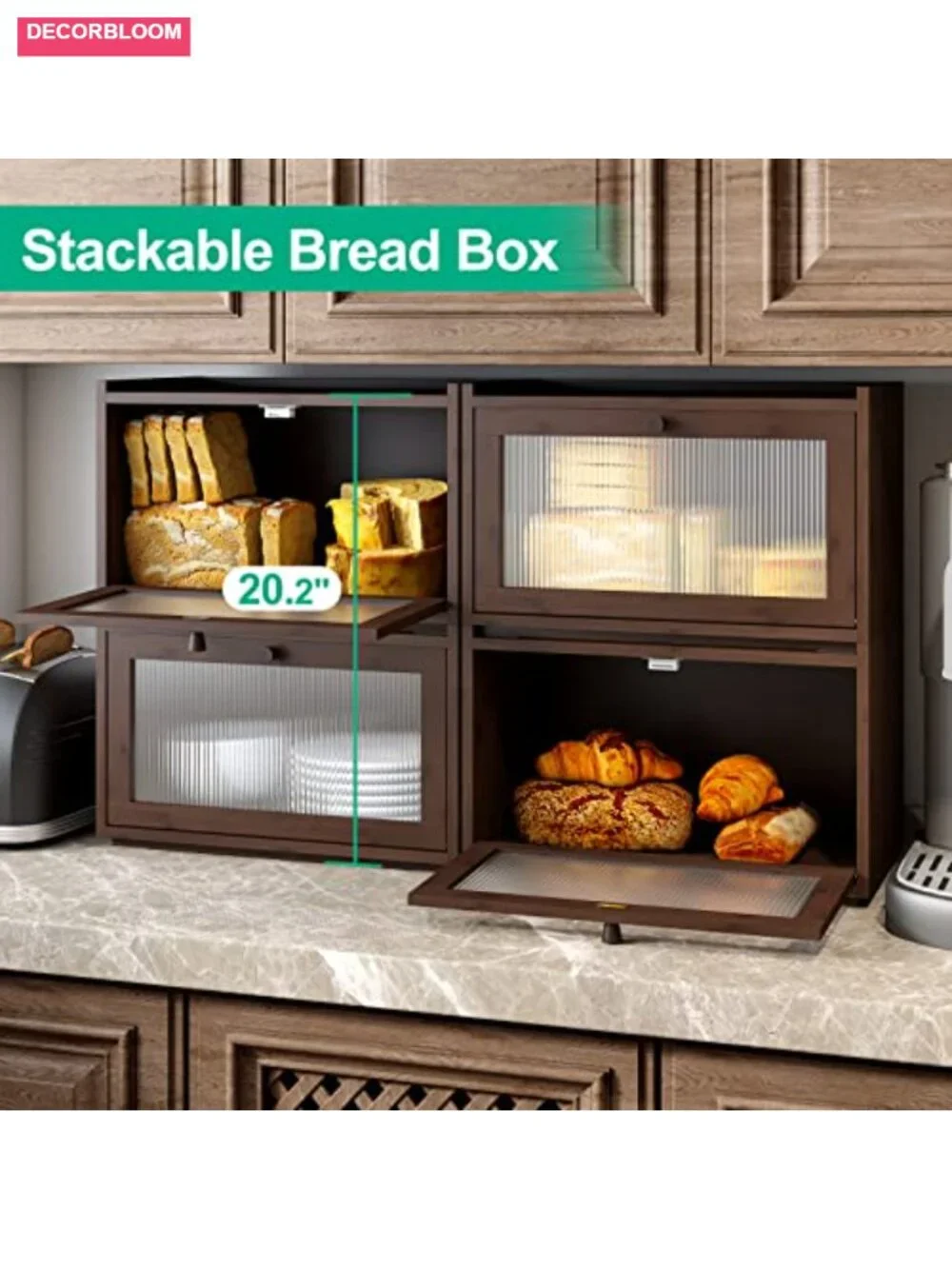 Large Bamboo Bread Box with Wavy Acrylic Door, Stackable Kitchen Counter Storage